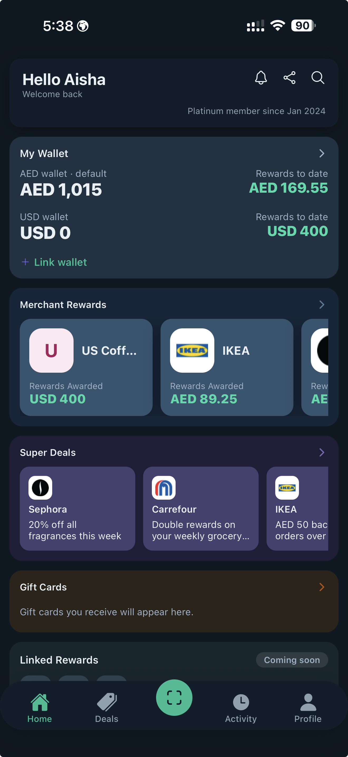 RewKash consumer wallet app — balance and recent Cash Rewards