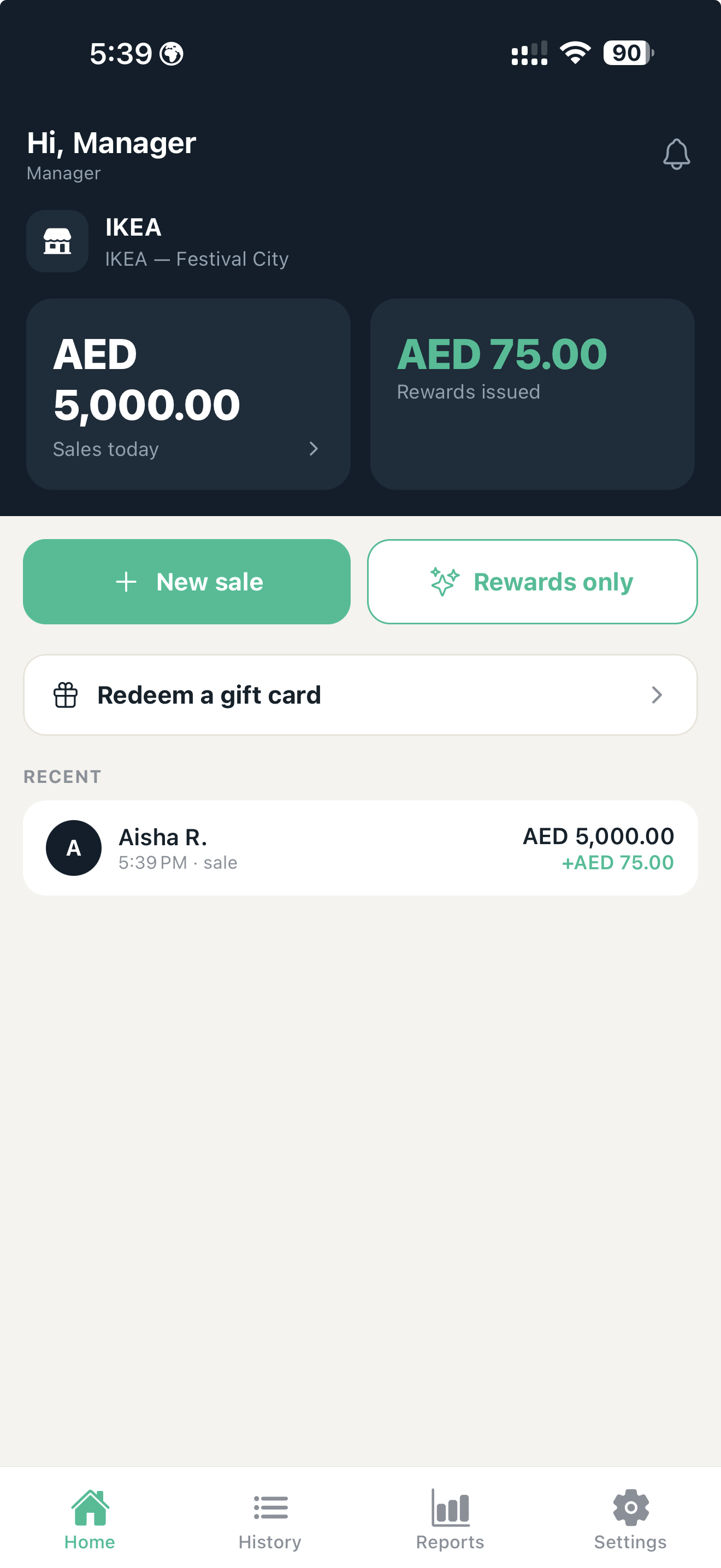 RewKash POS app — sales, Cash Rewards issued and a new sale